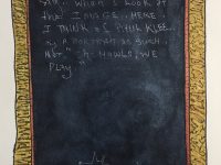Watercolor of a wood framed blackboard with white text about Paul Klee and a drawing of a dog.