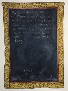 Watercolor of a wood framed blackboard with white text about Paul Klee and a drawing of a dog.