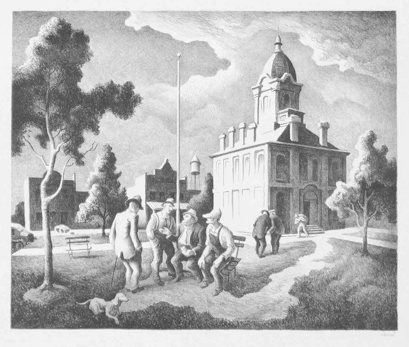 Black and white depiction of a crowd gathered outside a government building in a town square