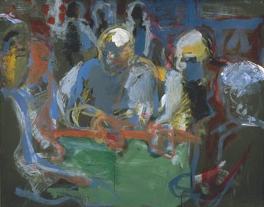 Depiction of blurred figures sitting around a poker table