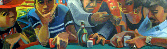 Depiction of a crowd placing bets at a Poker table