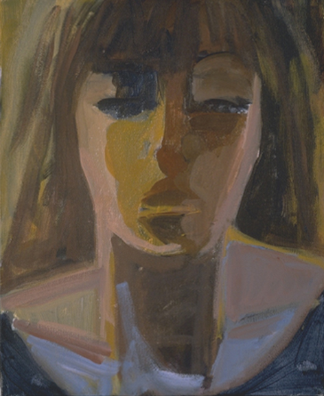 Close up painting of a woman with a serious poker face