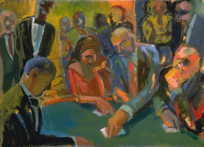 Depiction of a couple checking their cards at a poker table with a crowd around them