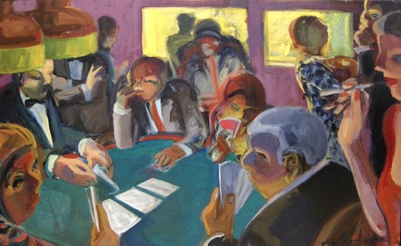 Depiction of an active poker game with a dealer
