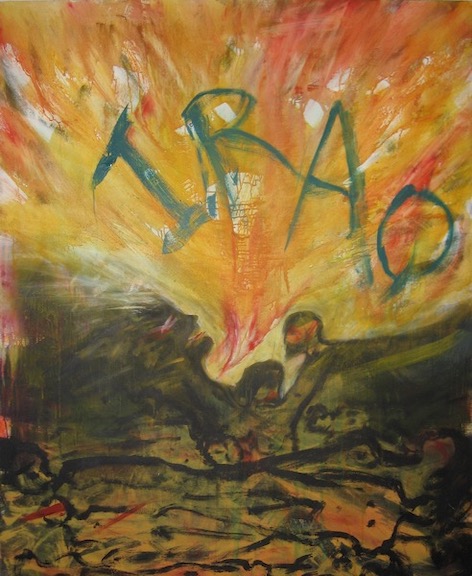 Painting of a fiery landscape with the word Iraq in the sky