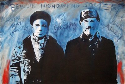 Depiction of Poet Andrei Voznesensky and Lawrence Ferlinghetti at the Berlin wall in 1967.