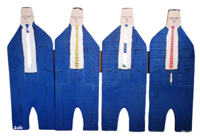 Relief painting on reclaimed wood of 4 men in blue suits, one with his zipper open.