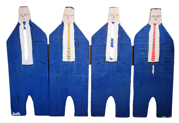 Relief painting on reclaimed wood of 4 men in blue suits, one with his zipper open.
