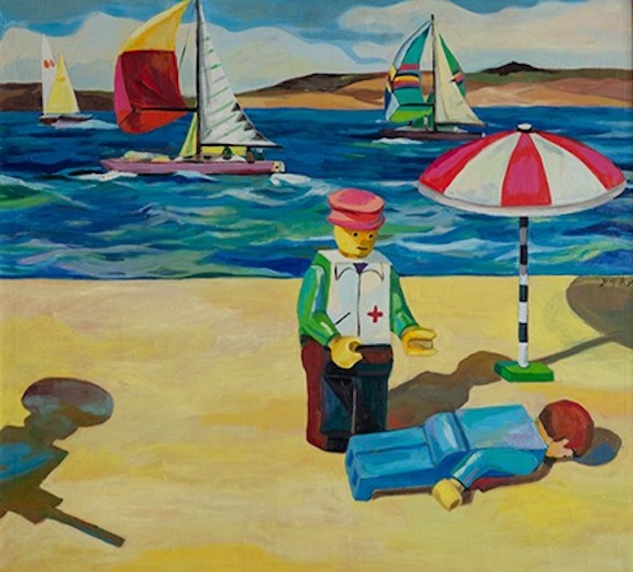 Depiction of a Lego medic standing over a collapsed man on the beach with a shadow of a figure holding a gun to the side
