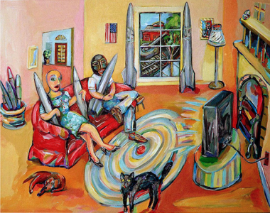Depiction of an American couple watching news in their living room while holding missiles in their arms.