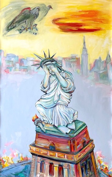 Depiction of the Lady Liberty statue on her knees crying with New York in the distance