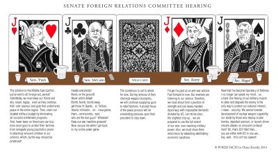 Depiction of 5 playing cards with politician's faces with text below critiquing their positions on war , economics, and domestic agendas.
