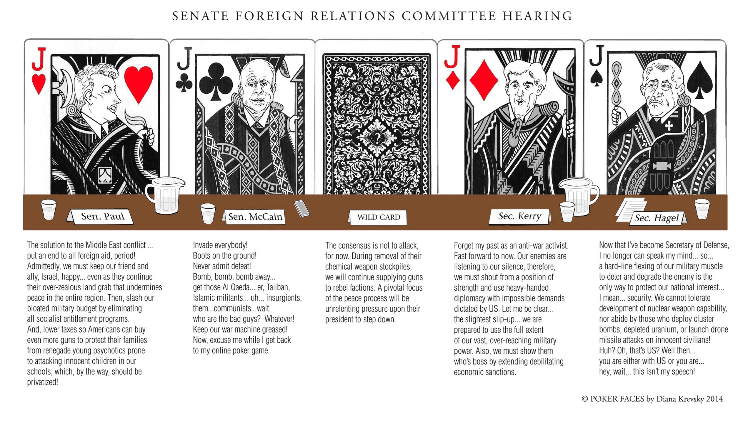 Depiction of 5 playing cards with politician's faces with text below critiquing their positions on war , economics, and domestic agendas.