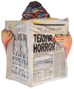 Depiction of a person reading a newspaper about terror and horror events throughout