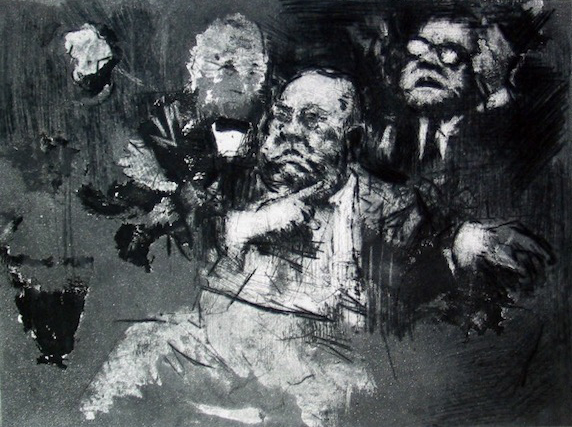 Black and White drypoint and aquatint on paper of Richard Daley, Mayor of Chicago, infamously gesturing by running one finger across his throat.