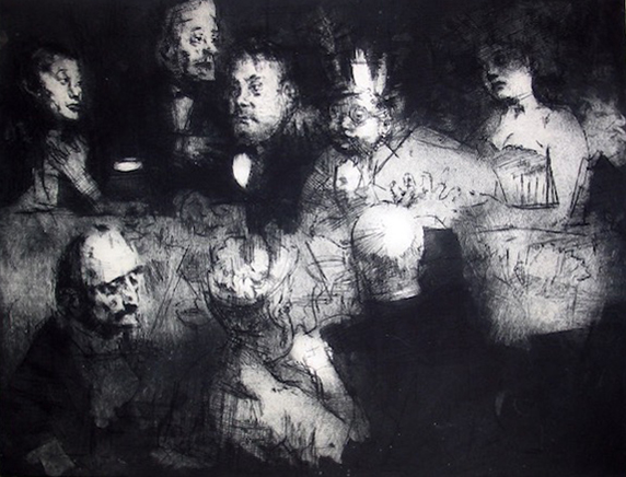 Black and White etching of a group of people gathered for election night