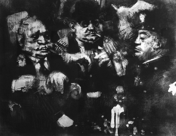 Black and white Etching on paper of a policeman, a politician, and a man of means making deals