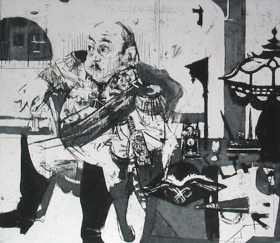 Black and White etching and aquatint on paper of a pompous General Franco.