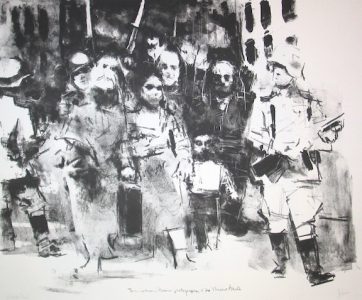 Black and white lithograph of people forced to live in the Warsaw Ghetto and an armed guard.