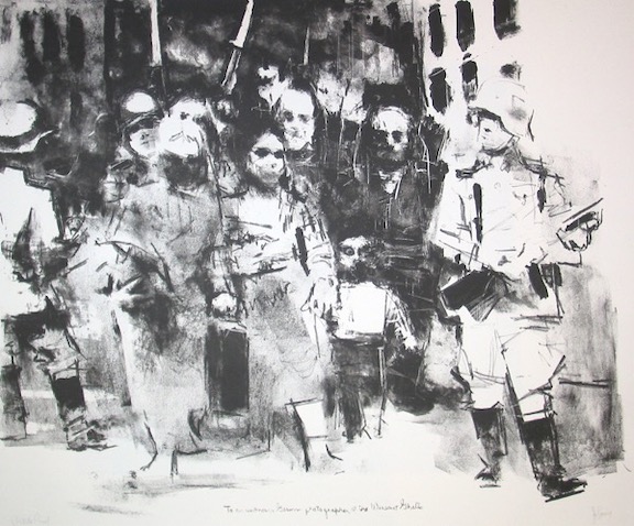 Black and white lithograph of people forced to live in the Warsaw Ghetto and an armed guard.