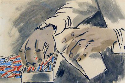 Watercolor on paper of hands reaching into a box of Wendell Willkie campaign pins.
