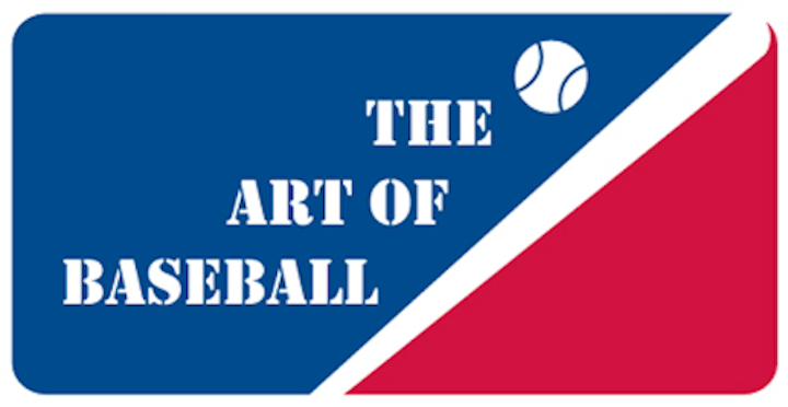 Graphic logo with a baseball and bat and the words "The Art of Baseball." In red, blue and white.