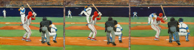 Photo of David Cooke's painting "Fast Ball Up & Over." Artwork depicts a sequence of a pitch in three stages from perspective of behind the umpire.