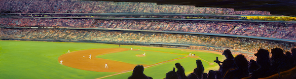 Photo of David Cooke's painting "Night Game." Artwork depicts a baseball game from the perspective of up in the stands.