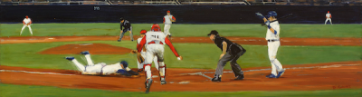 Photo of David Cooke's painting "Scoring on a Wild Pitch." Artwork depicts a player sliding home as the catcher reaches forward. The Umpire and batter watch from the side.