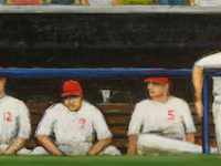Photo of David Cooke's painting "Watching for Talent." Artwork depicts players in dugout watching the game.