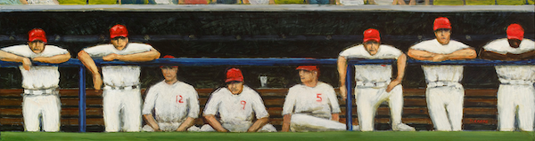 Photo of David Cooke's painting "Watching for Talent." Artwork depicts players in dugout watching the game.