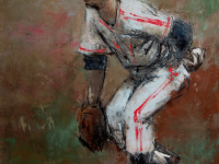 Photo of John Dobb's painting "Homage to the Southpaw." Artwork depicts a left handed pitcher preparing to throw.