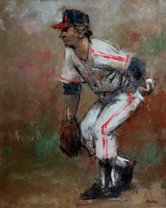 Photo of John Dobb's painting "Homage to the Southpaw." Artwork depicts a left handed pitcher preparing to throw.
