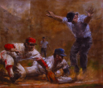 Photo of John Dobb's painting "Play at Third." Artwork depicts player in a blue cap sliding in while player in a red cap reaches a glove to the base. Umpire has arms outstretched.