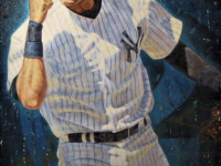 Photo of Eric Grbich's painting "Captain Jeter." Artwork depicts NY Yankee, Derek Jeter, in uniform, from the knees up with one arm bent at the elbow fist up in celebration.