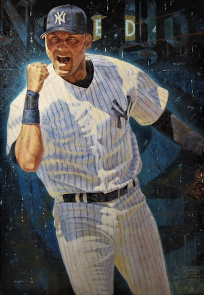 Photo of Eric Grbich's painting "Captain Jeter." Artwork depicts NY Yankee, Derek Jeter, in uniform, from the knees up with one arm bent at the elbow fist up in celebration.