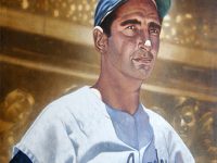 Photo of Erc Grbich's painting "Koufax." Artwork depicts Sandy Koufax, in his LA uniform, in color from the chest up. Behind him in sepia tones are the baseball stands full of fans.
