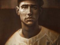 Photo of Eric Grbich's painting "Ted Williams, Rookie." Artwork depicts a young Ted Williams in his Boston jersey from the chest up. Colors mimic sepia toning.