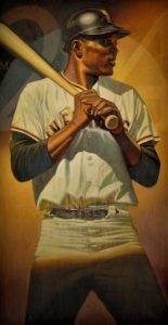Photo of Eric Grbich's painting "Willie Mays." Artwork depicts Willie Mays from the knees up with bat in hand and over his shoulder, batting helmet on. Colors are muted and his legs are shadowed.