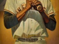 Photo of Eric Grbich's painting "Willie Mays." Artwork depicts Willie Mays from the knees up with bat in hand and over his shoulder, batting helmet on. Colors are muted and his legs are shadowed.