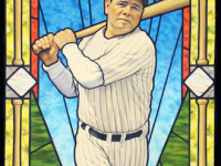 Arthur Miller painting titled Babe Ruth Saints of the Game series 1. Mixed media on canvas mounted to board. Depicts Babe Ruth swinging a bat in a Yankee's uniform with a stained glass style background with baseballs, bases, and a banner with his name.