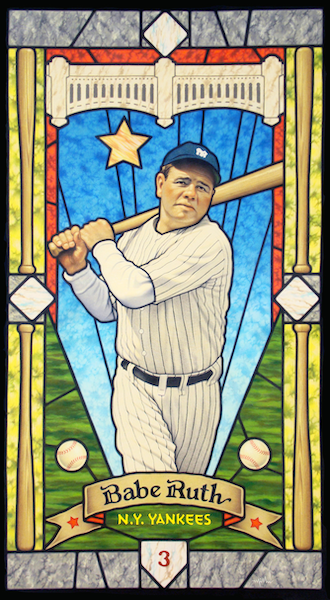 Arthur Miller painting titled Babe Ruth Saints of the Game series 1. Mixed media on canvas mounted to board. Depicts Babe Ruth swinging a bat in a Yankee's uniform with a stained glass style background with baseballs, bases, and a banner with his name.