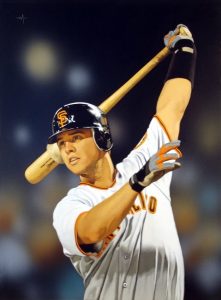 Photo of Arthur K. Miller's painting "Buster Posey on Deck." Artwork depicts baseball player Buster Posey swinging the bat up and behind his head.