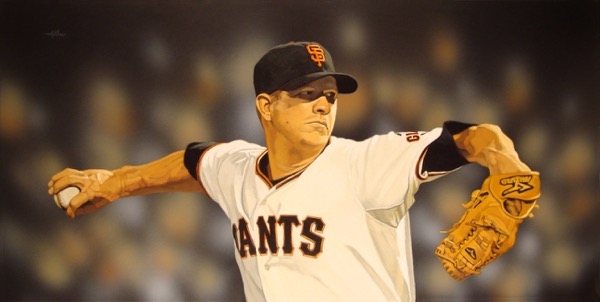 Photo of Arthur K. Miller's painting 'Mr. Perfect: Matt Cain, June 12, 2012." Artwork depicts a photorealistic Matt Cain pitching. Background is the blur of fans in the stands.