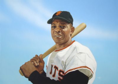 Photo of Arthur K. Miller's painting "Willie Mays, 1965." Artwork depicts a photorealistic Giant's player Willie Mays posed with bat over the shoulder. Blue background.