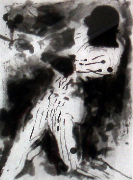 A photo of Leroy Neiman's etching "Home Run Blast." Artwork depicts a baseball player swinging the bat, black and white.