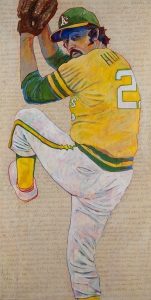 Photo of Toby Tover's painting "Catfish Hunter." Artwork depicts Oakland A's pitcher Catfish Hunter winding up for a pitch.