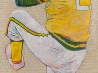 Photo of Toby Tover's painting "Catfish Hunter." Artwork depicts Oakland A's pitcher Catfish Hunter winding up for a pitch.