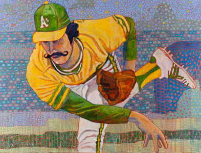 Photo of Toby Tover's painting "Rollie Fingers." Artwork depicts Oakland A's pitcher Rollie Fingers just after releasing a pitch.