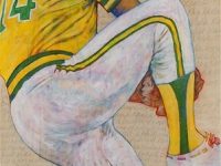 Photo of Toby Tover's painting "Vida Blue." Artwork depicts Oakland A's pitcher Vida Blue in a windup for a pitch.